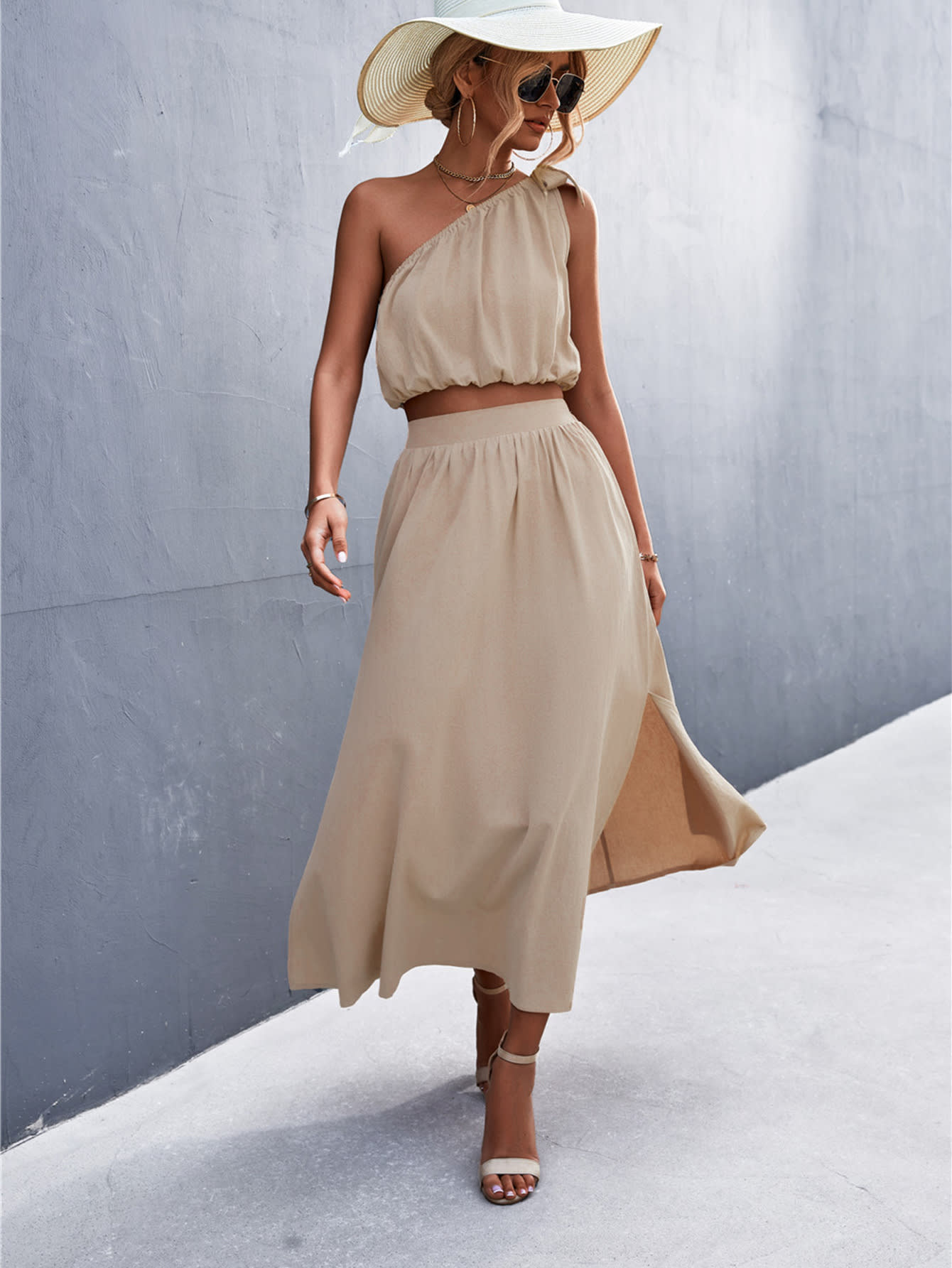 Sexy Oblique Shoulder Lace-up Vest Slit Midi Skirt Suit view 5