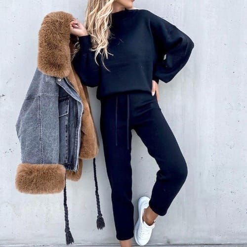 Turtleneck Casual Solid Color Hoodie Suit view 6