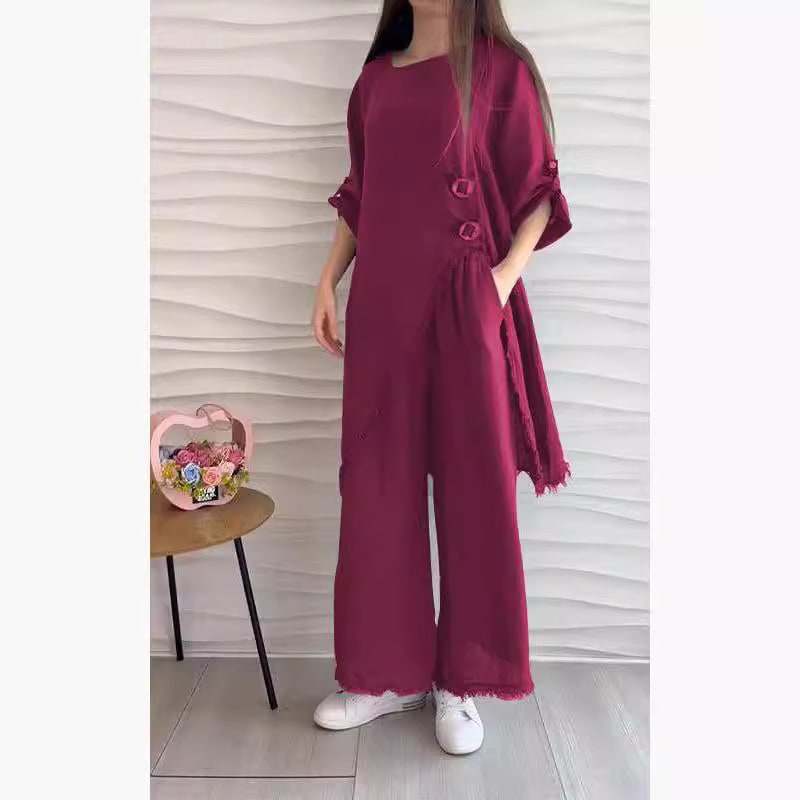Loose And Irregular Half Sleeve Mid-length Top Loose-fitting Wide-leg Trousers view 10