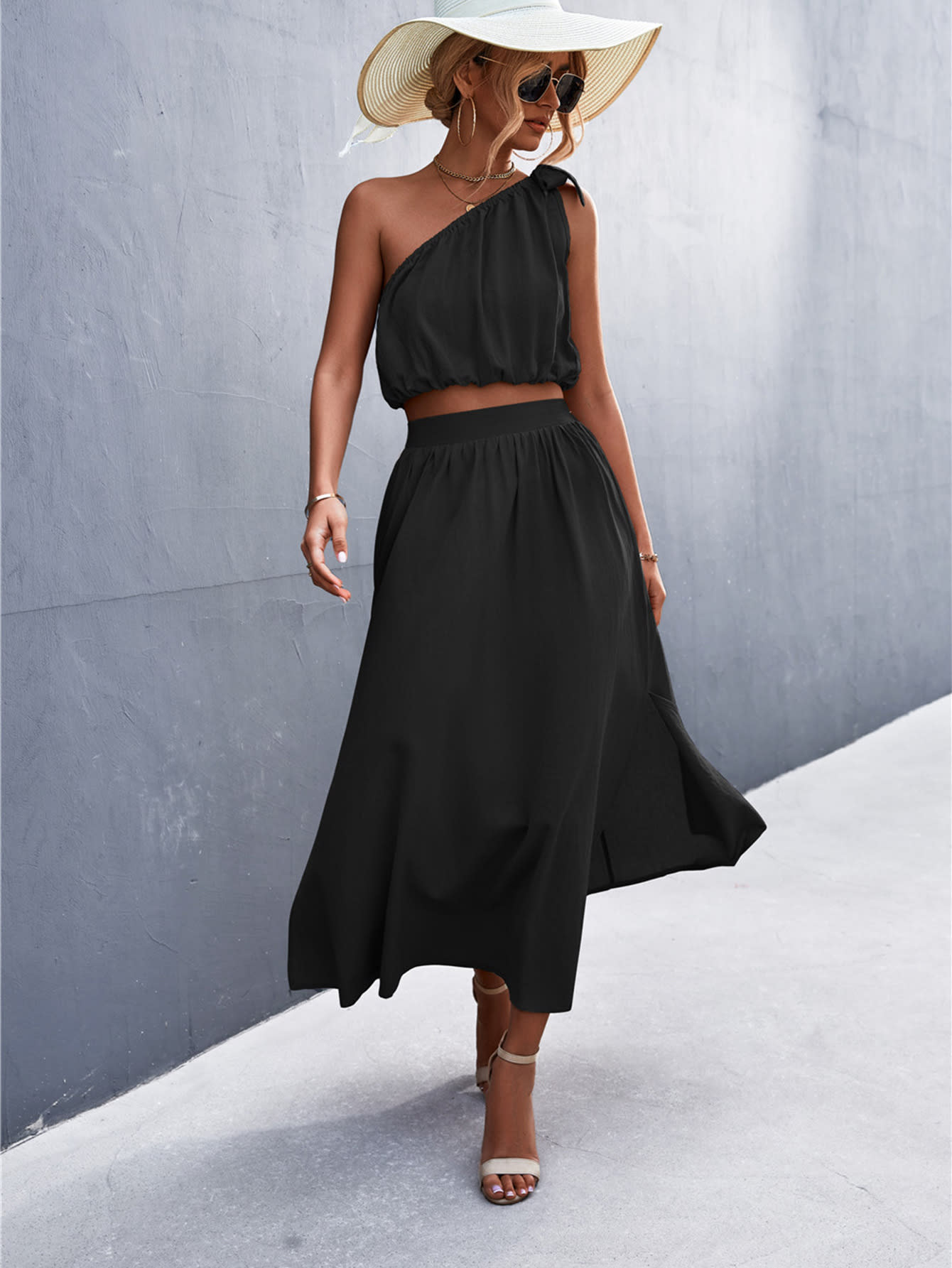 Sexy Oblique Shoulder Lace-up Vest Slit Midi Skirt Suit view 10