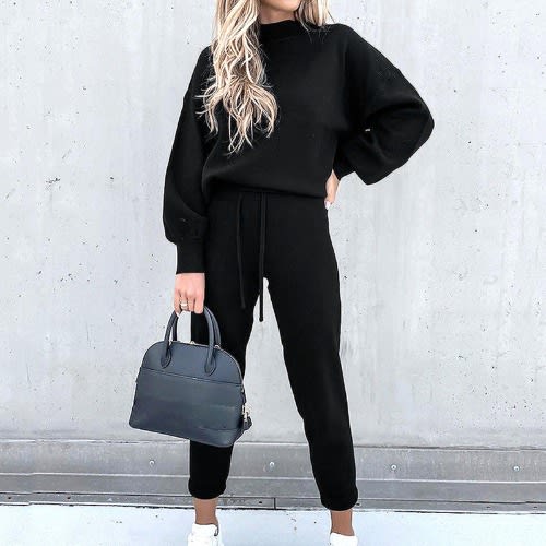 Turtleneck Casual Solid Color Hoodie Suit view 3