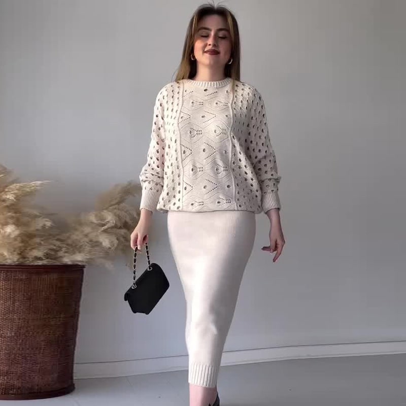 Autumn New Solid Color Hollow Round Neck Top Casual Knitted Skirt Suit view 10