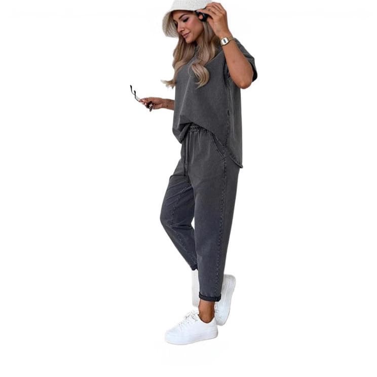 Solid Color Short-sleeved Cropped Pants Casual 2-piece Set view 5