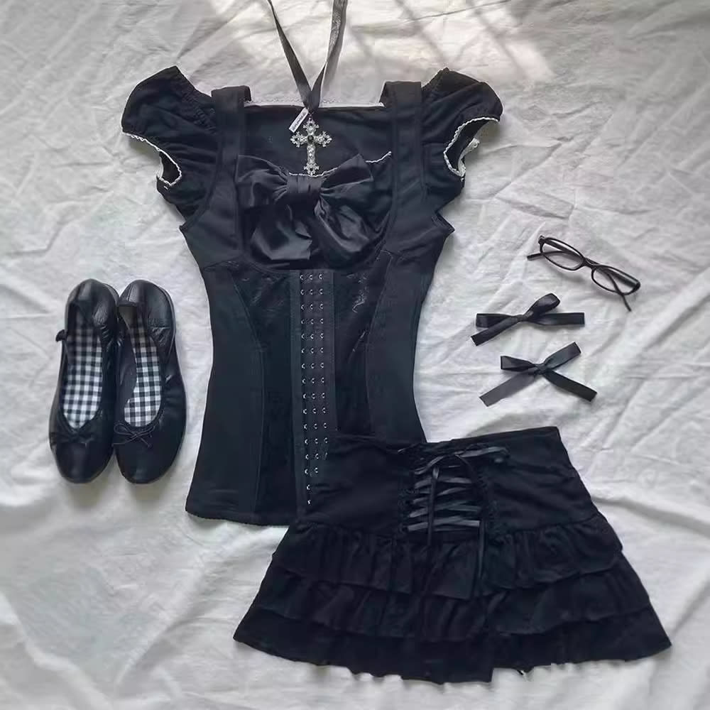 Cute Fashion Bow Waist Trimming Fashion Gothic Vintage Skirt view 6