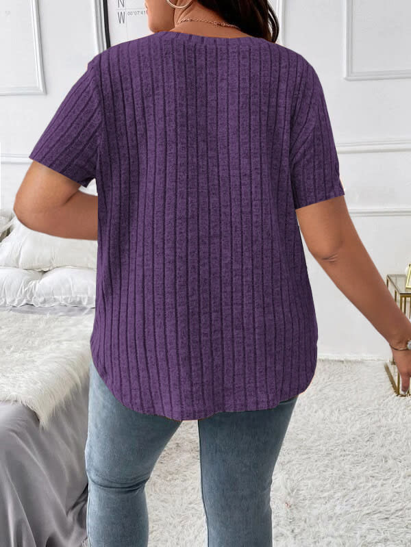 Solid Color Plus Size Women's Clothes Top V-neck Sunken Stripe Short Sleeve T-shirt view 16