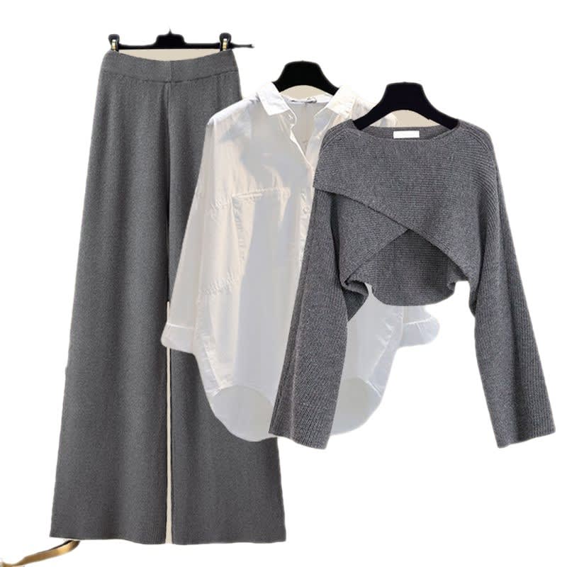 3pcs Knitted Sweater Suit With Shirt And Wide Leg Pants Autumn And Winter Suit Women view 9