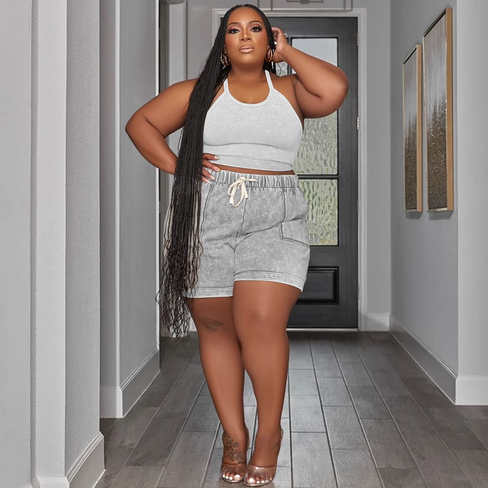 Plus Size Suit Printing Casual Vest Shorts Set