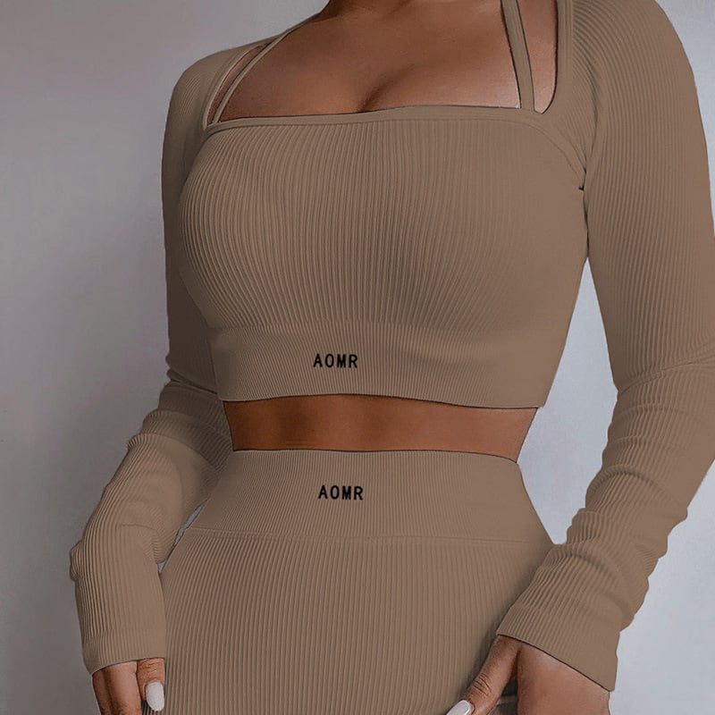Solid Color Knitted Letter Body-hugging Suit Round Neck Long Sleeve Short Top High Waist Skinny Leggings Two-piece Set view 27