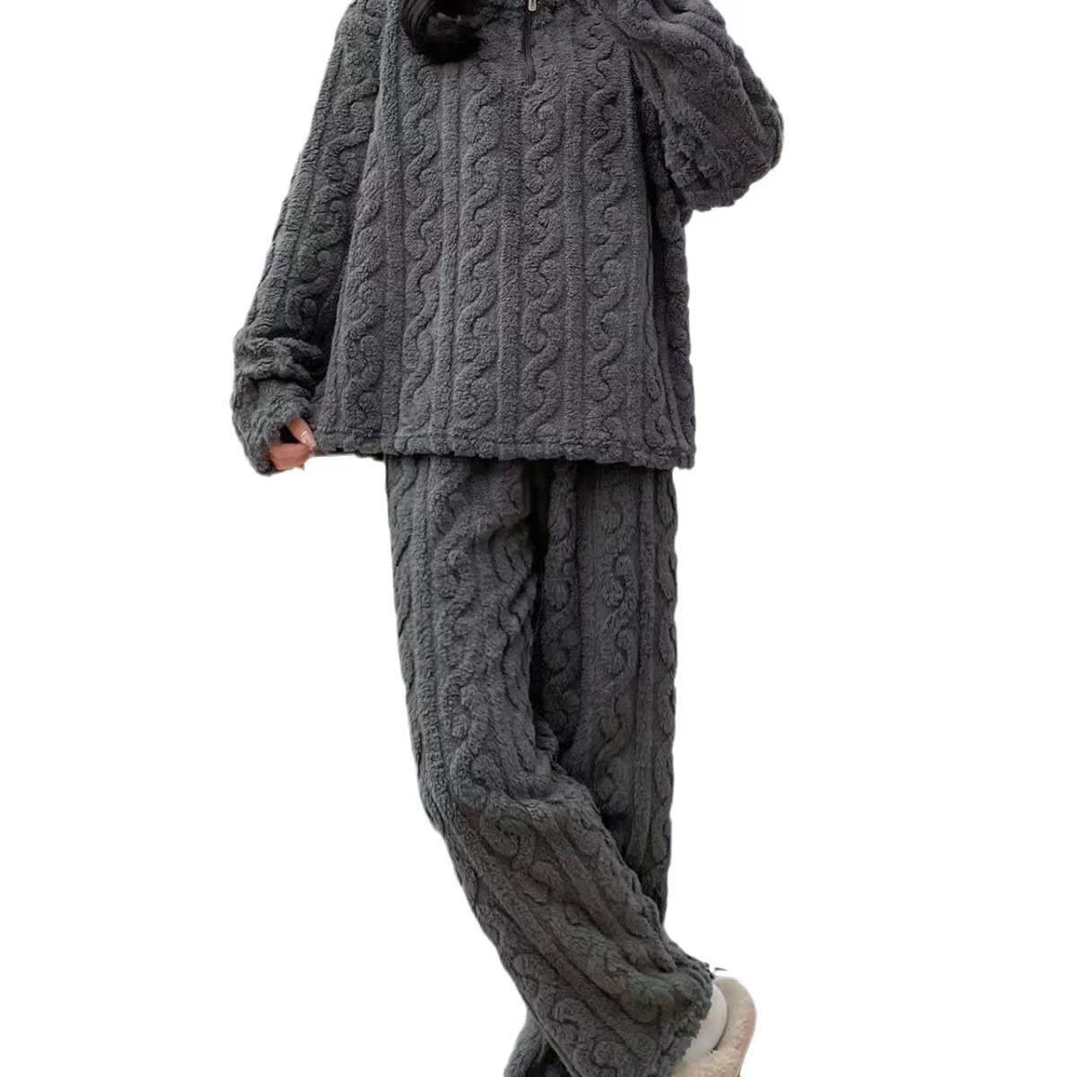 Autumn And Winter New Twist Zipper Couple Fleece-lined Thick Coral Fleece Pajamas Homewear Loungewear Sleepwear For Sleeping view 8