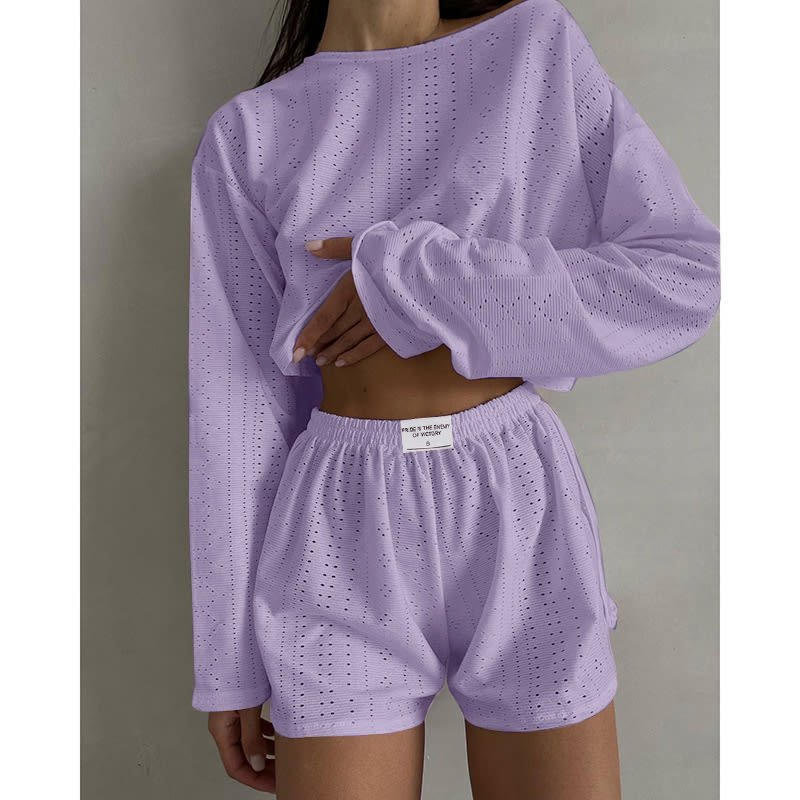 Hollow Long-sleeved Suit With Loose Round-neck Tops And Elastic Split Shorts Fashion Women's Clothing view 5