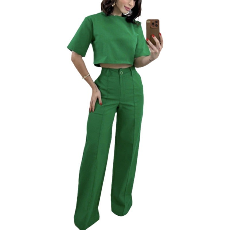Fashion Cotton And Linen Short Top High Waist Wide Leg Pants Suit view 5