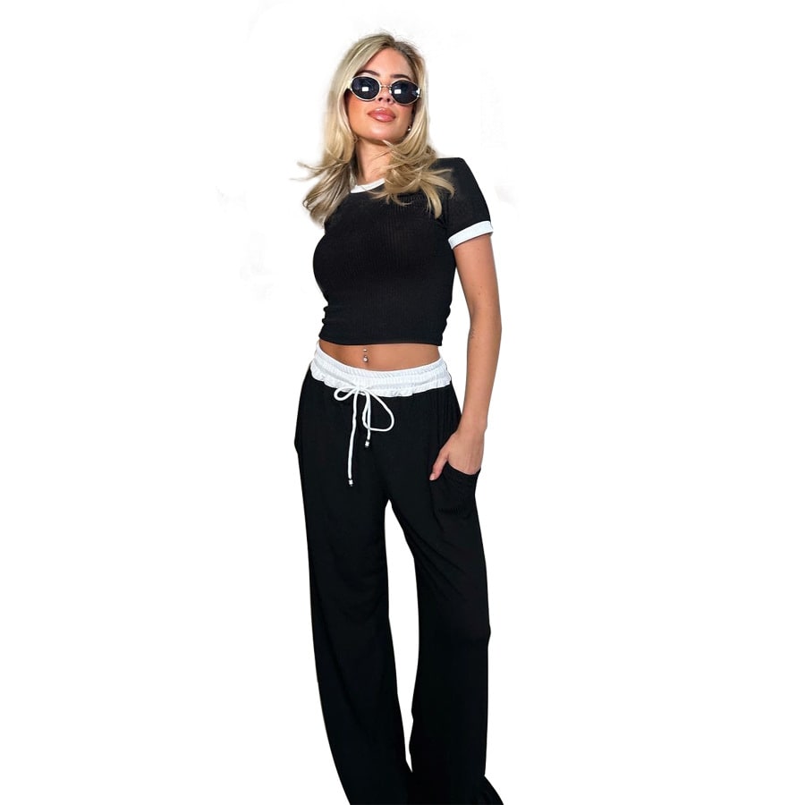 Round Neck Contrast Color Women's Fashion Casual Wide-leg Pants Sports Suit view 18