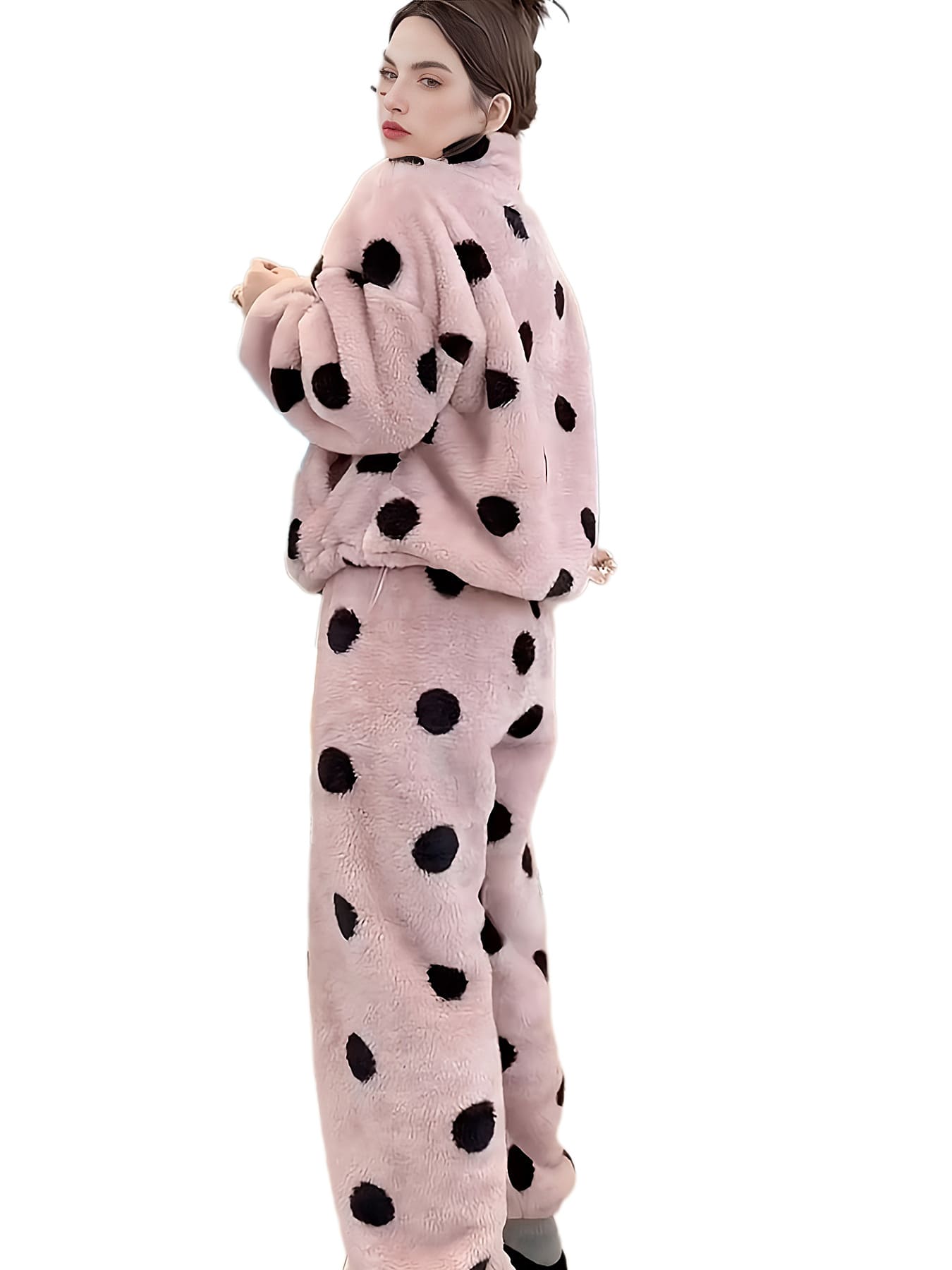 Cute Casual Pajamas For Women Winter Fleece-lined Thickened Polka Dot Turtleneck Drawstring Suit view 6