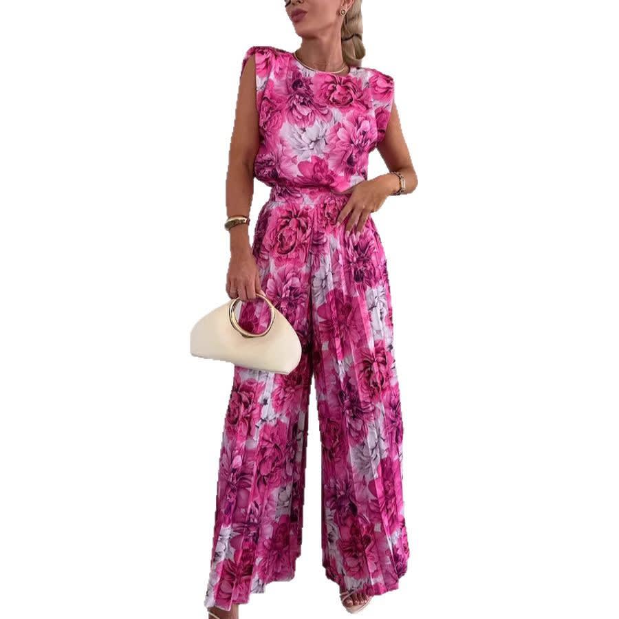 Round Neck Sleeveless Top Pleated Wide-leg Trousers Two-piece Set view 4