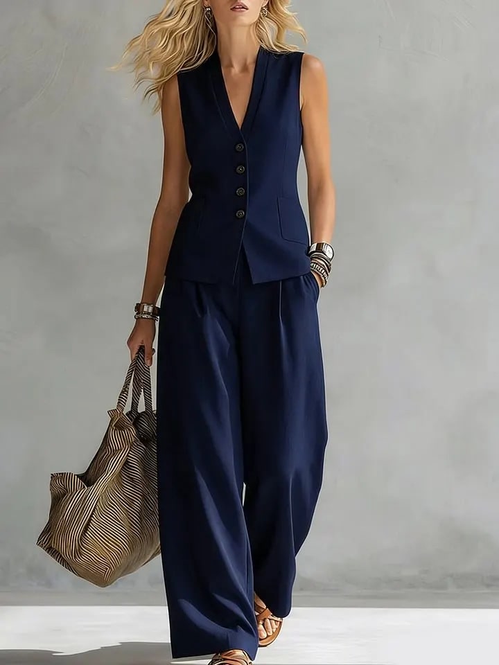 Two-piece V-Neck Sleeveless Vest And Wide Leg Pants For Women Summer Solid-Colored Sleeveless Casual Linen Tank Top And Pants Set view 11