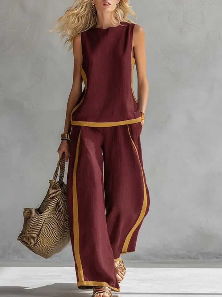 Summer Suits Round-neck Sleeveless Vest Top And High-waist Wide-leg Pants Casual Loose Set view 5