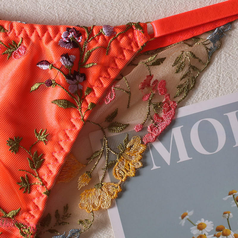 Flowers See-through Embroidered Ribbon Steel Ring Underwear Suit view 12