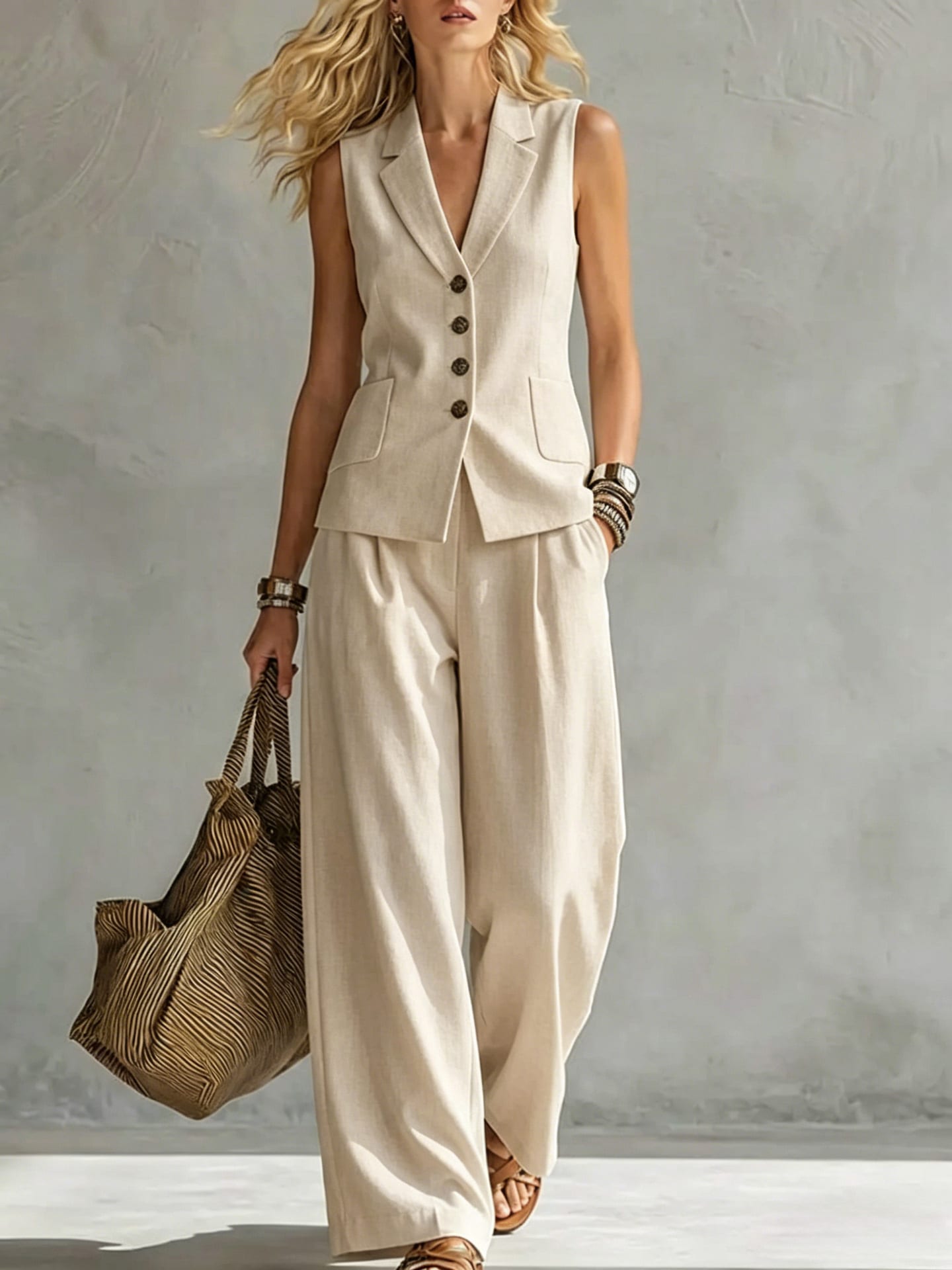 Two-piece V-Neck Sleeveless Vest And Wide Leg Pants For Women Summer Solid-Colored Sleeveless Casual Linen Tank Top And Pants Set view 2