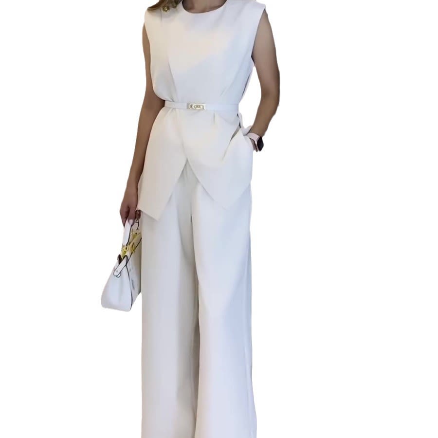 Solid Color Round Neck Sleeveless Top High Waist Wide Leg Pants Two-piece Set view 8