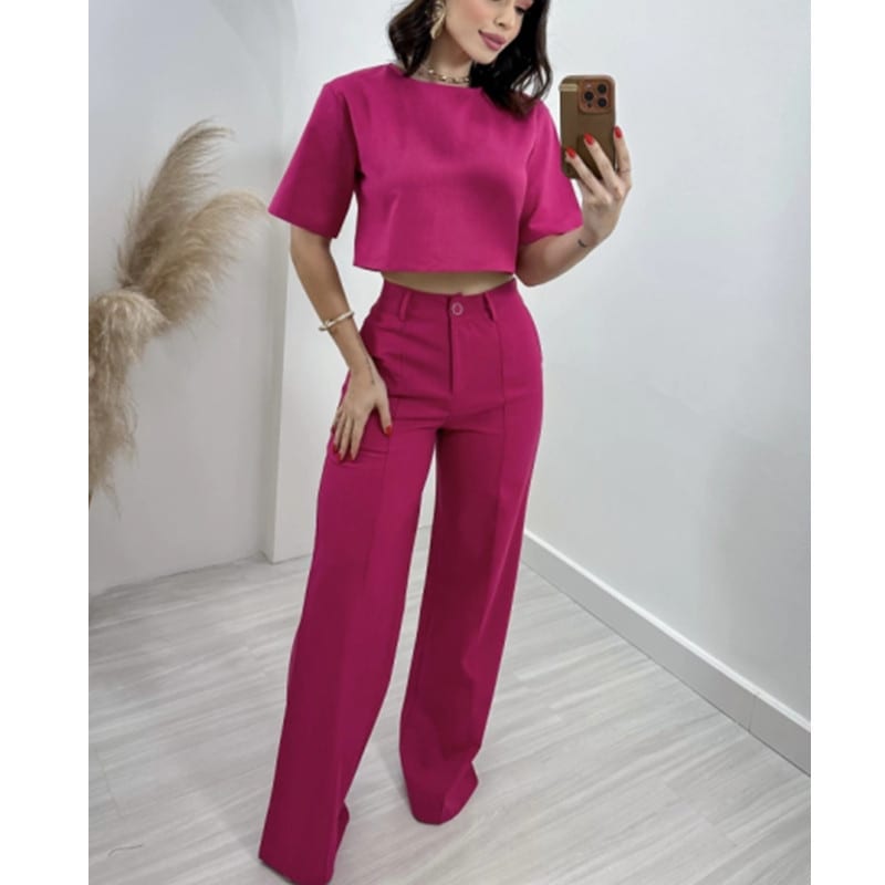 Fashion Cotton And Linen Short Top High Waist Wide Leg Pants Suit view 4