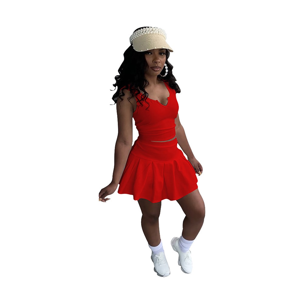 Solid Color And V-neck Sleeveless Pleated Pants Skirt Tennis Skirt Suit view 9