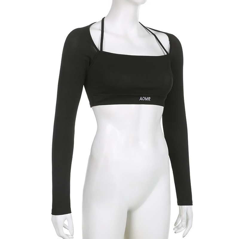 Solid Color Knitted Letter Body-hugging Suit Round Neck Long Sleeve Short Top High Waist Skinny Leggings Two-piece Set view 7