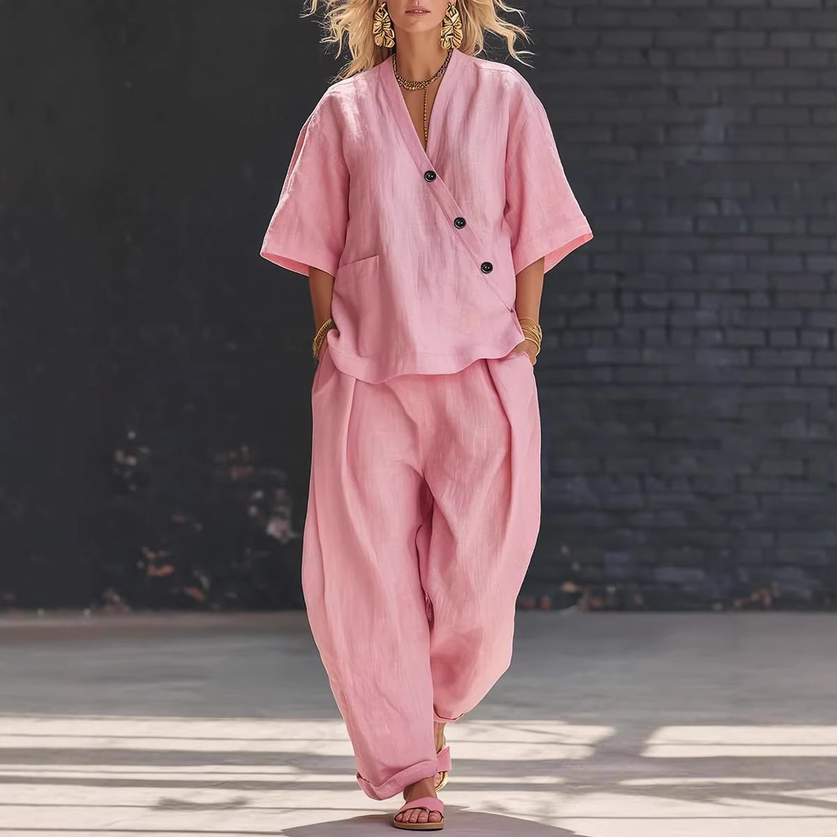 Summer Short-sleeved Suits Loose-fit V-neck Top And High-waist Trousers Women's Two-piece Set view 11
