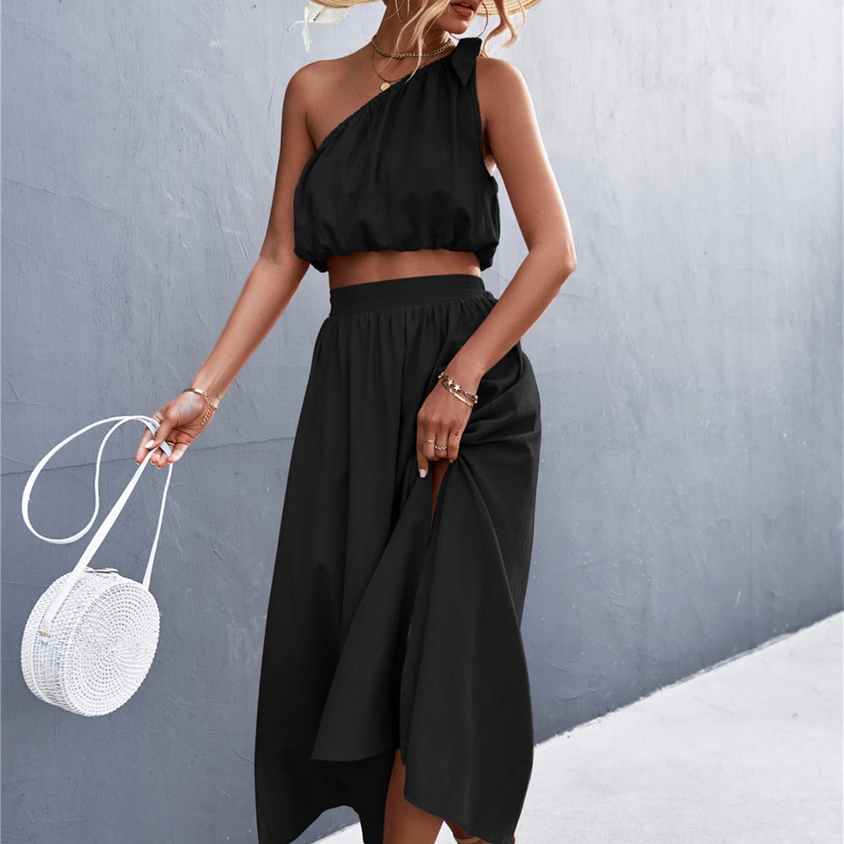 Sexy Oblique Shoulder Lace-up Vest Slit Midi Skirt Suit view 15