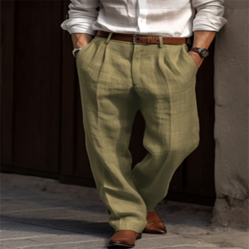Men's Linen Trousers Double Pleated Front Pocket Straight Pure Color Comfort Breathable Casual view 13