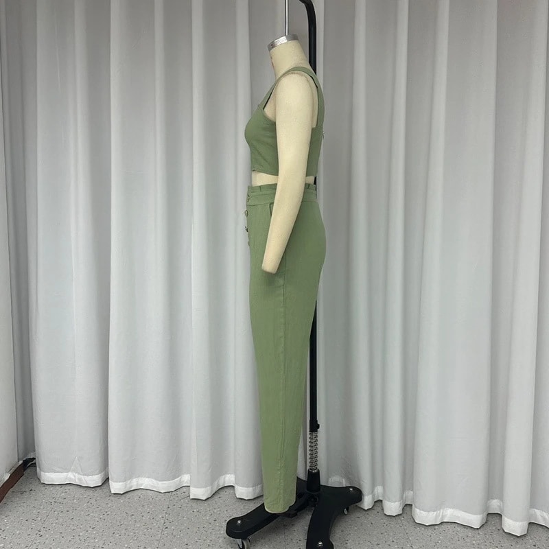Solid Color Short Crop-top Spaghetti-strap Top High Waist Trousers Two-piece Set view 7
