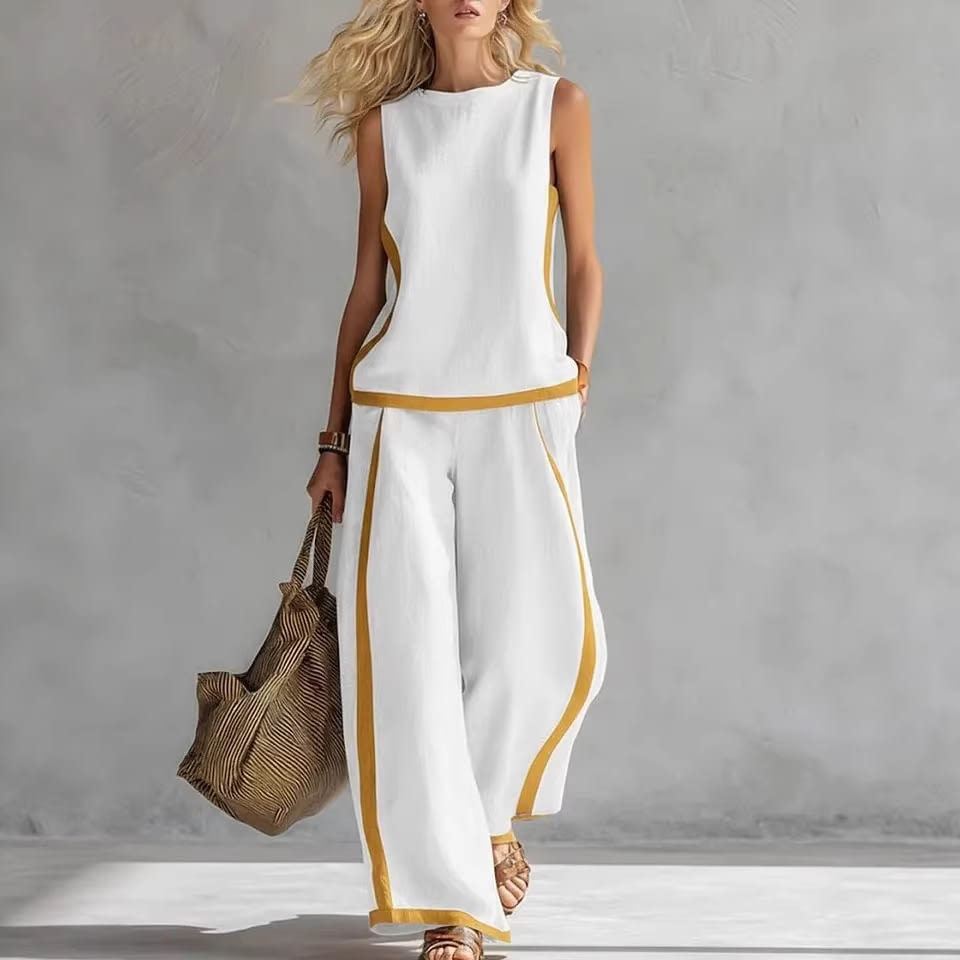 Summer Suits Round-neck Sleeveless Vest Top And High-waist Wide-leg Pants Casual Loose Set view 6