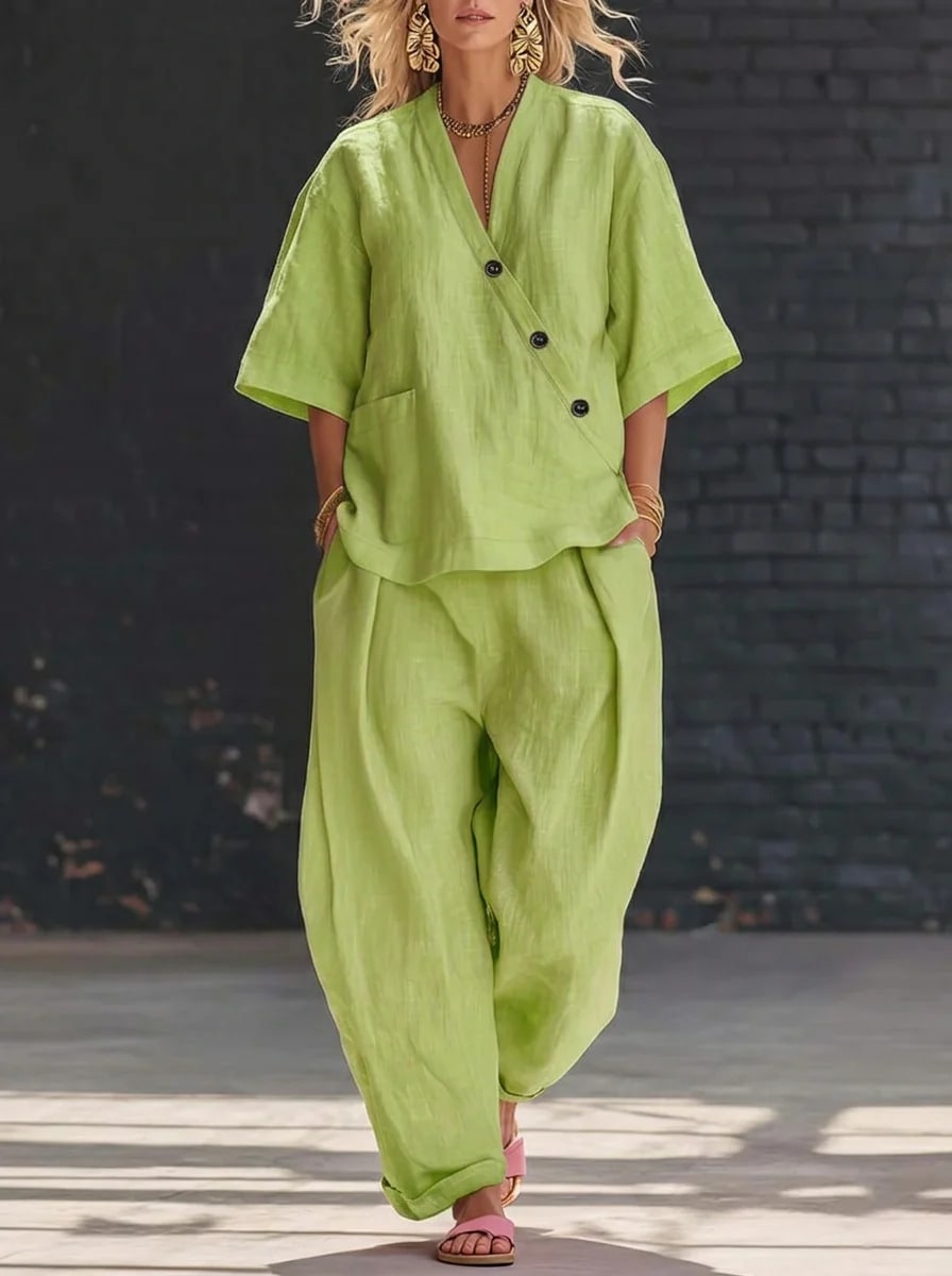 Summer Short-sleeved Suits Loose-fit V-neck Top And High-waist Trousers Women's Two-piece Set view 1