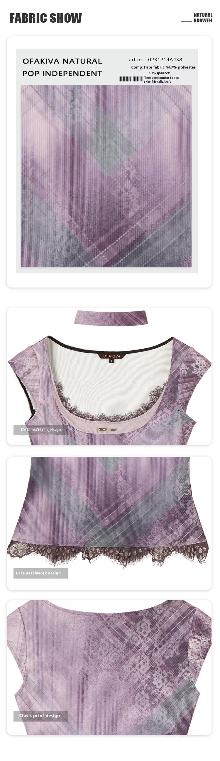 Plaid Lace Print Stitching Skin-friendly Knitted Flying Sleeve Top view 12