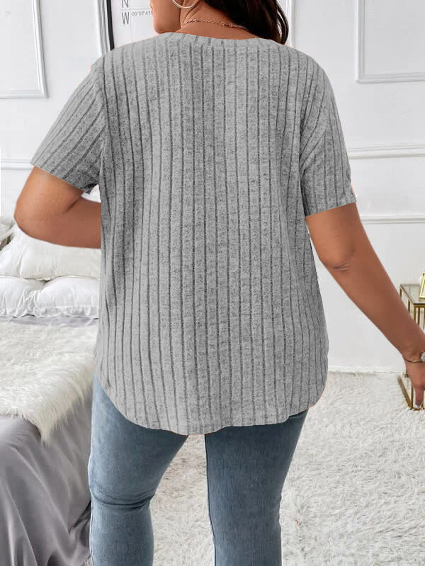 Solid Color Plus Size Women's Clothes Top V-neck Sunken Stripe Short Sleeve T-shirt view 28