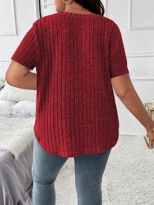 Solid Color Plus Size Women's Clothes Top V-neck Sunken Stripe Short Sleeve T-shirt view 1