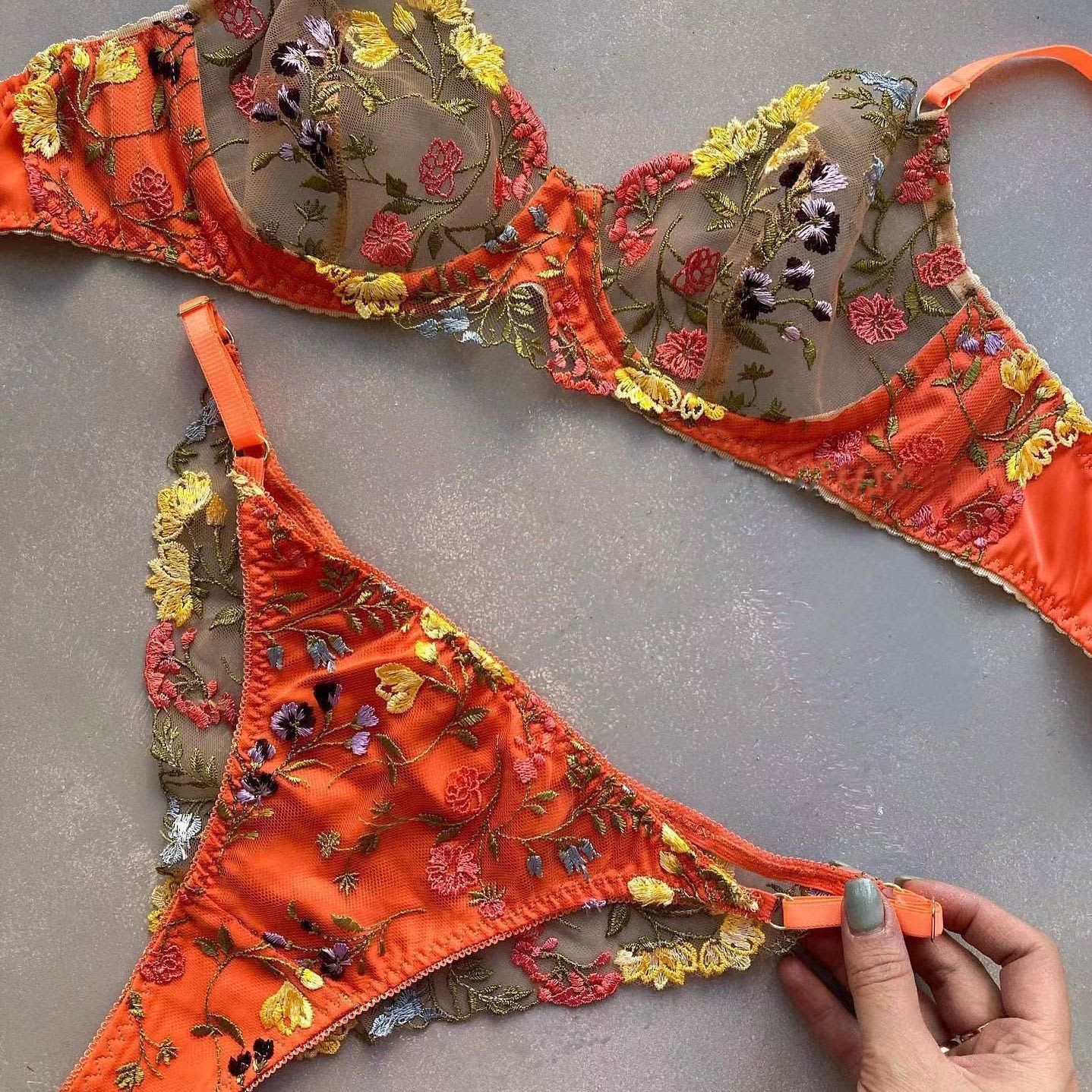 Flowers See-through Embroidered Ribbon Steel Ring Underwear Suit view 14