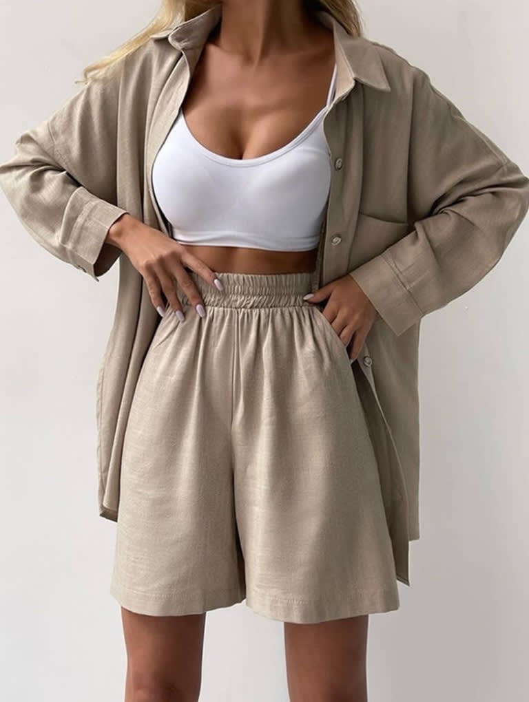 Single-breasted Long Sleeve Shirt Loose Casual Shorts Suit view 7