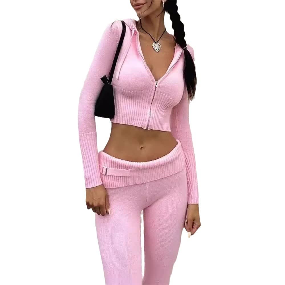 Knitted Hooded Suits High Waist Long Sleeves Trousers Two-piece Set view 2