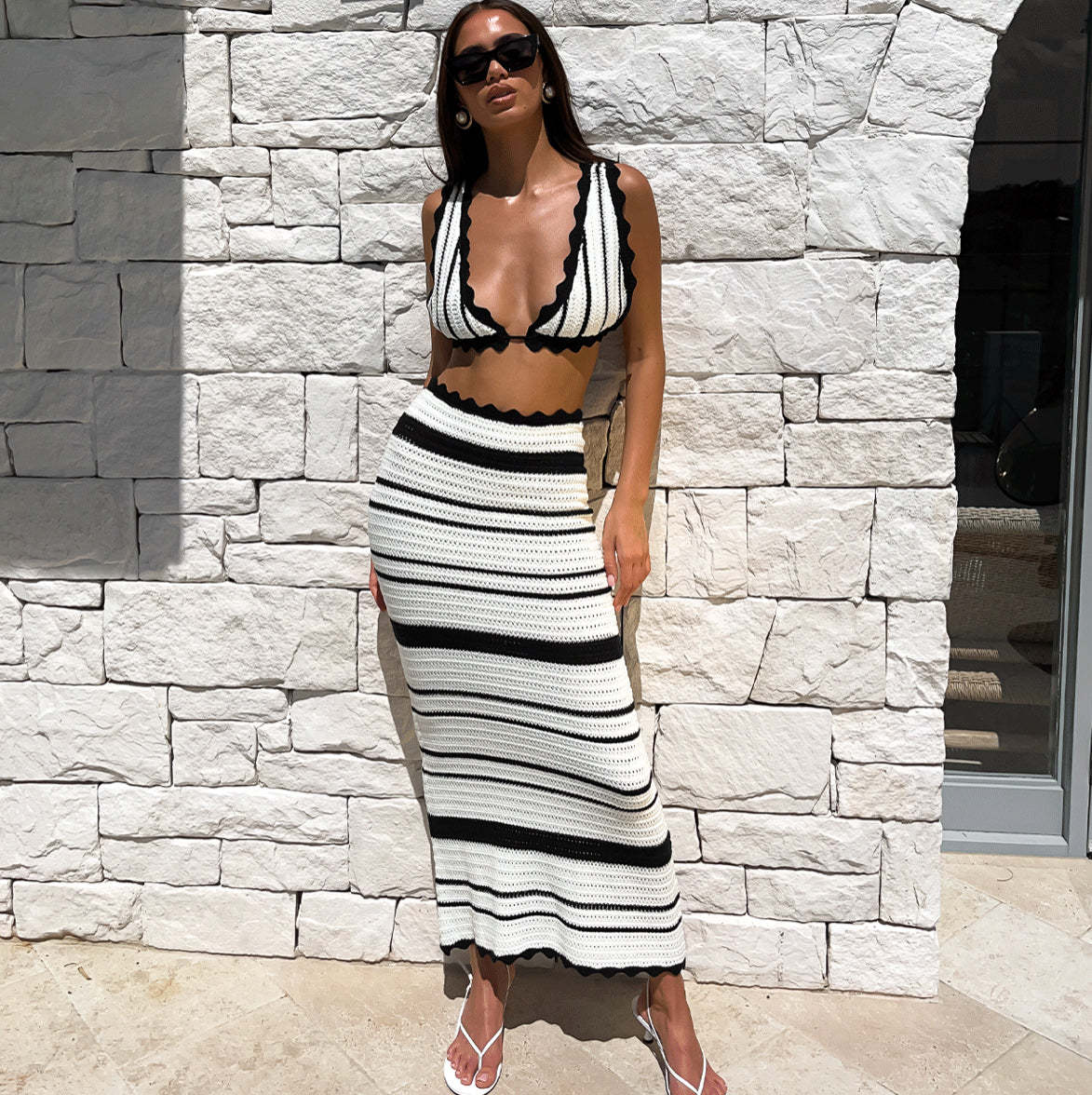 2pcs Striped Bikini Casual Vest Sling Top Suit Beach Summer Y2K Long Dress Suits For Women view 6