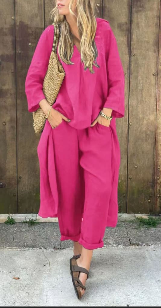 2pcs Long-sleeved Suits Loose V-neck Long Top And High Waist Wide Leg Pants With Pockets Women's Clothing view 2