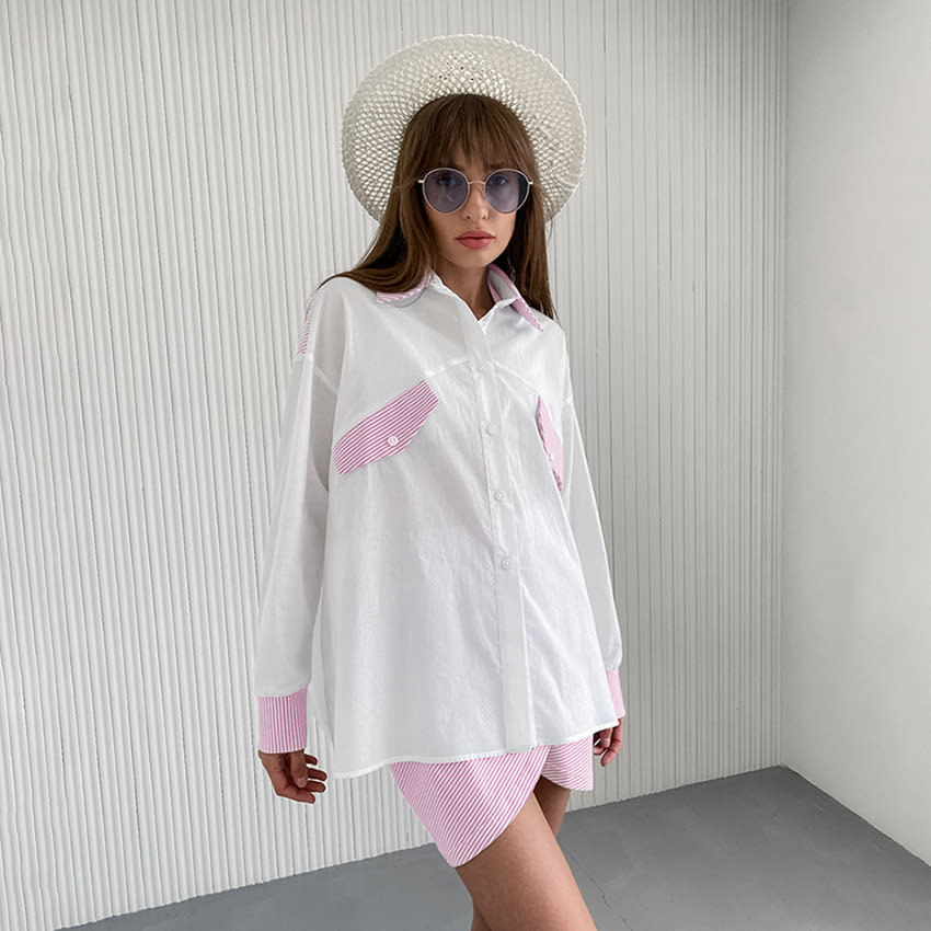 Blue And White Striped Stitching Shirt For Women Loose Outfit view 5