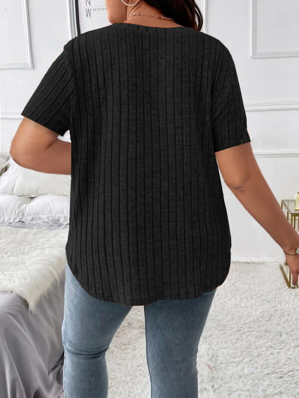 Solid Color Plus Size Women's Clothes Top V-neck Sunken Stripe Short Sleeve T-shirt view 8