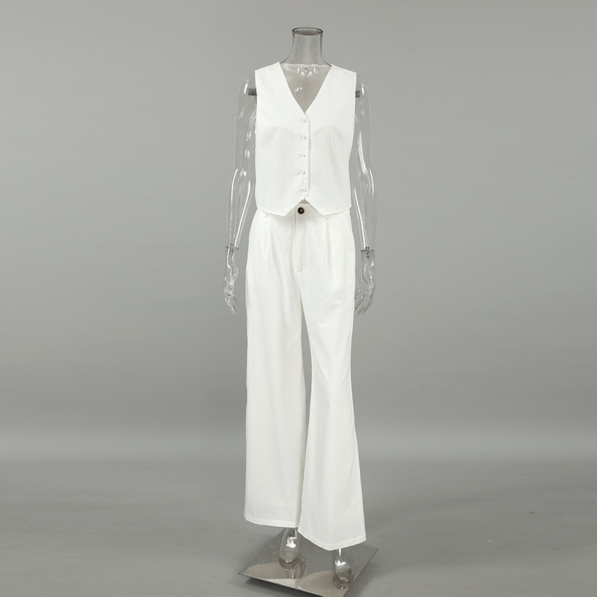 White Cotton Linen Sleeveless V-neck Vest Pants Suit view 11