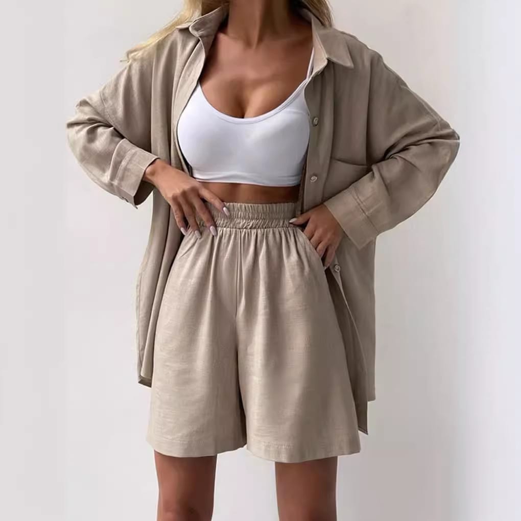 Single-breasted Long Sleeve Shirt Loose Casual Shorts Suit view 12