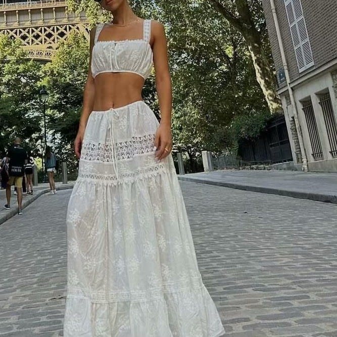 Off-neck Lace Short Small Top High Waist Drawstring Patchwork Long Dress view 12