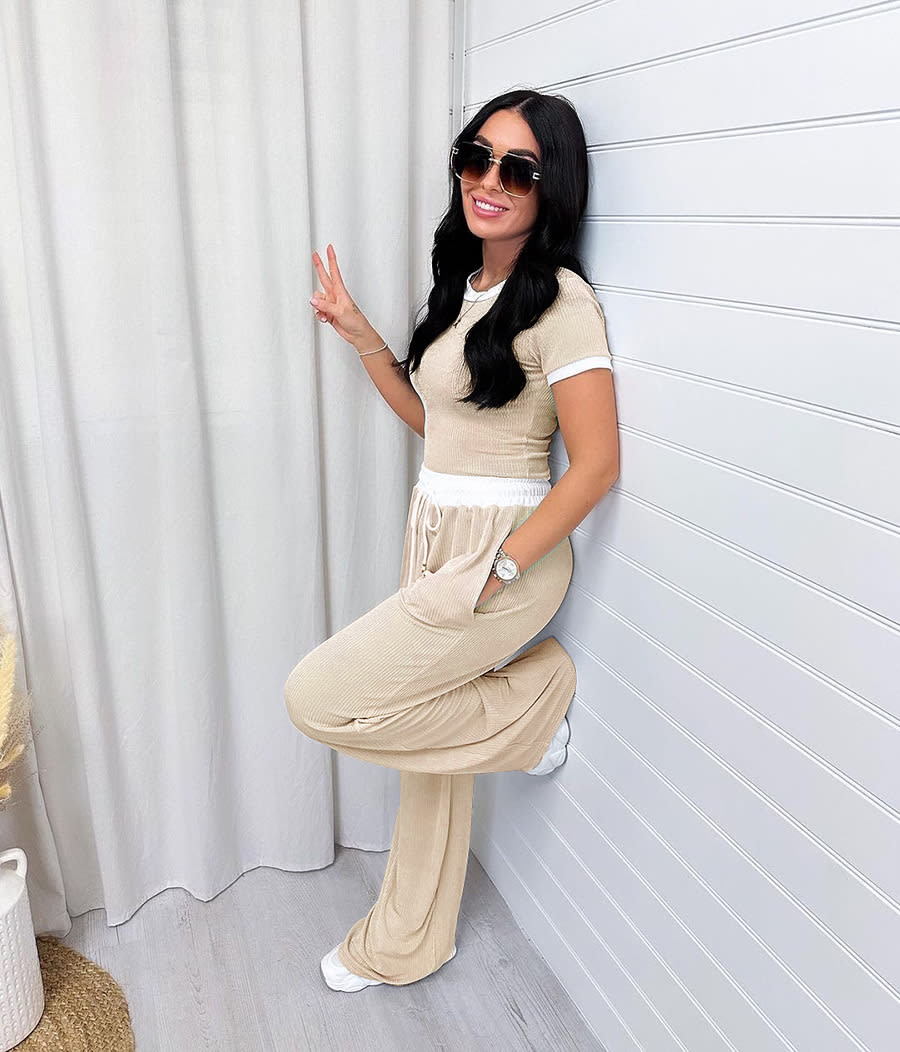 Round Neck Contrast Color Women's Fashion Casual Wide-leg Pants Sports Suit view 26
