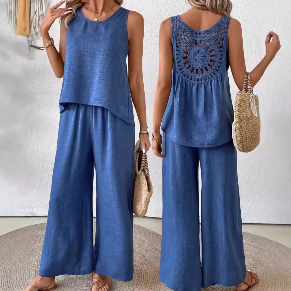 2 Pieces Set Women's Sleeveless Solid Color Back Hollow Lace Suit Summmer Trendy Casual Top Wide Leg Pants Set For Daily Wear Holiday Outfit view 9