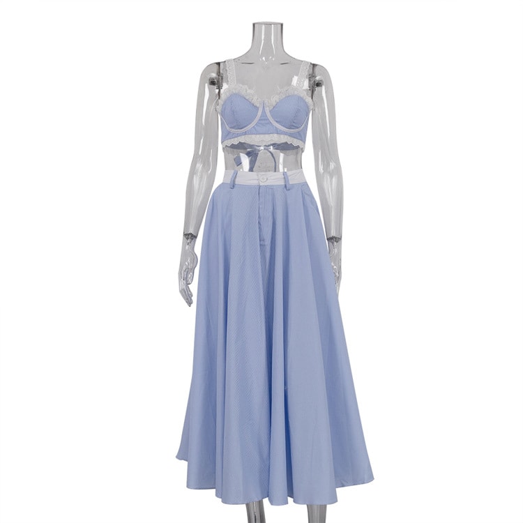 2 Pieces Lace Splicing Sling Vest High Waist Big Swing Skirt Fashion Blue Print Sets Spaghetti Strap Lace Bra And High Waisted Loose Pleated Skirts Sets view 2