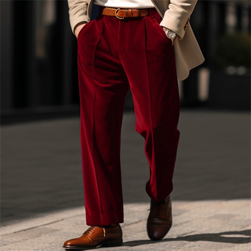 Men's Formal Velvet Front Pocket Straight Trousers view 2