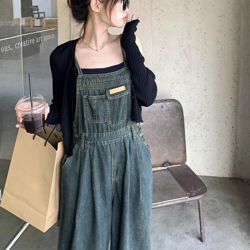 Plus Size Loose Mop Thin Denim Suspender Pants view 1